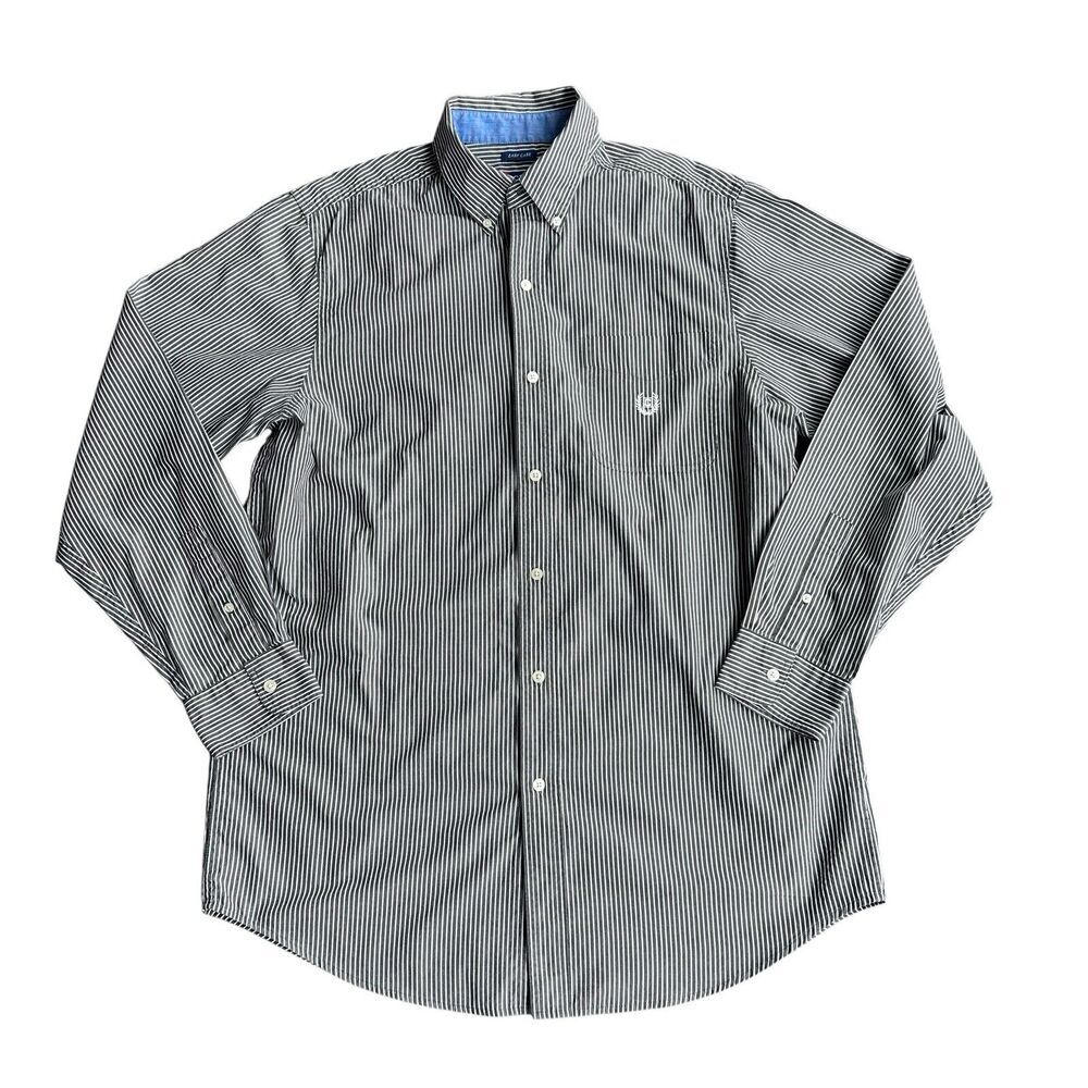 Chaps Easy Care Shirt Men Large Tall Black White Striped Long Sleeve Button Down